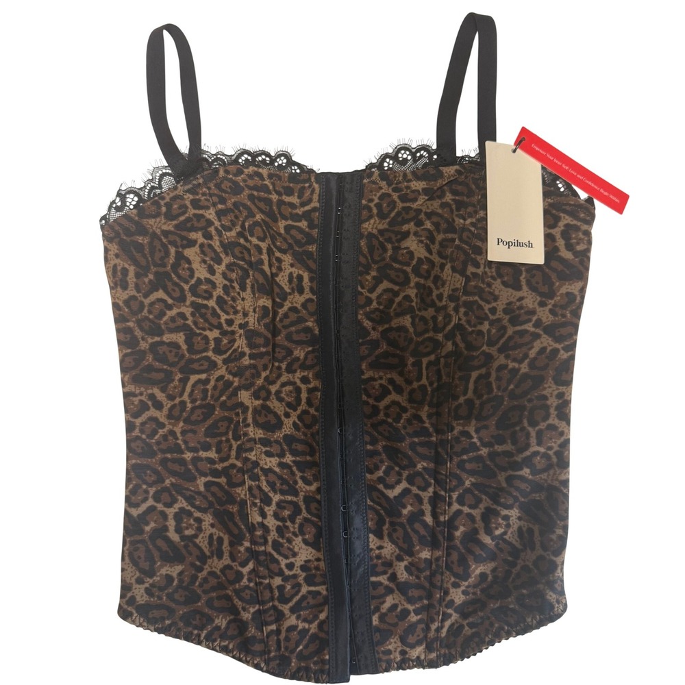 Popilush Leopard Print Corset Top Shapewear Lace Trim Hook Eye Closure